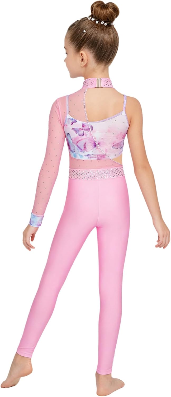 Girls Print Gymnastics Leotards 2 Piece Set One Shoulder Sleeve Rhinestones Jumpsuit with Vest