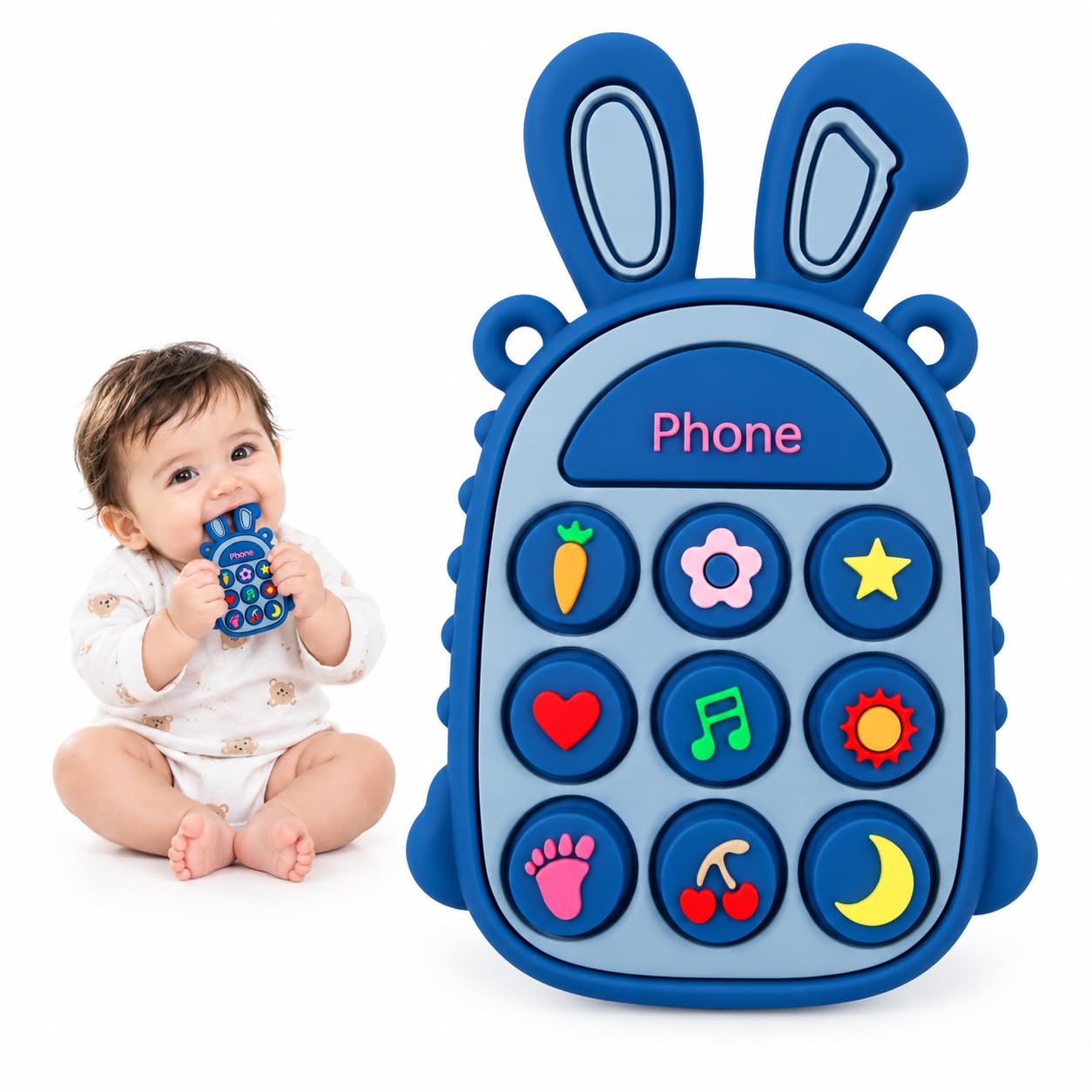 silicone teether for babies, baby teether for 3+ months, teething toys for infants, mobile phone shape teether toy, soft silicone teeth biter, easy grip design