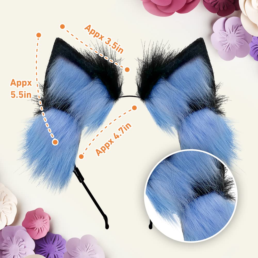 Cat Wolf Fox Dog Ears Headband Handmade Faux fur Cosplay Halloween Costume Party: Black+blue