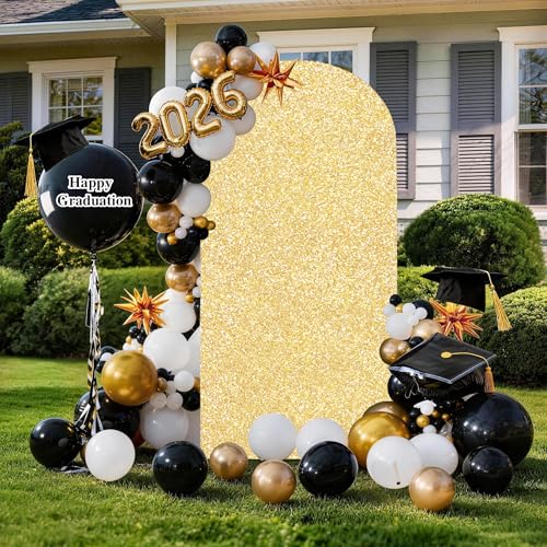 Image of Gold Arch Backdrop Stand Cover 6Ft Summer Sequin Arch Background Cover Birthday Balloon Photo Arch Backdrop for Party Baby Shower Wedding Decorations