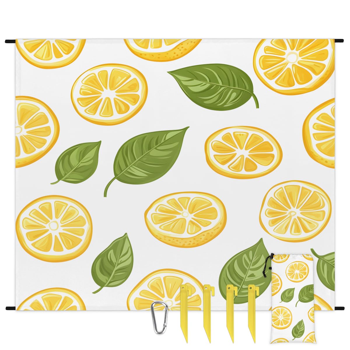 Eabrults Waterproof Sandproof Beach Blanket, 59''×68'' Candy Lemon Polyester Outdoor Picnic Blanket with 4 Stakes & Storage Bag for Beach,Camping,Vacation White