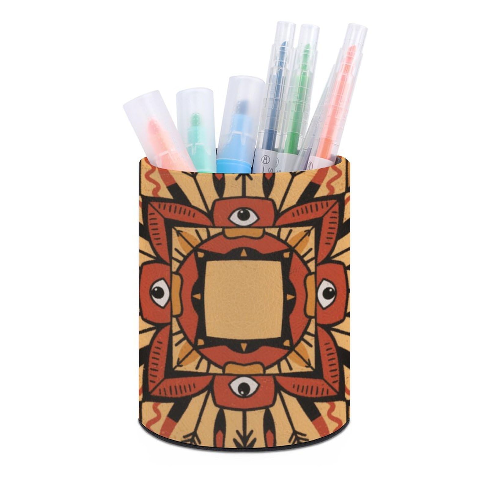 VstaDank Boho Mandala Pen Holder PU Leather Pencil Cup Minimalist Desk Pencil Holder Round Make Up Brush Organizers For Office Dorm Room&Vanity Desk Accessories