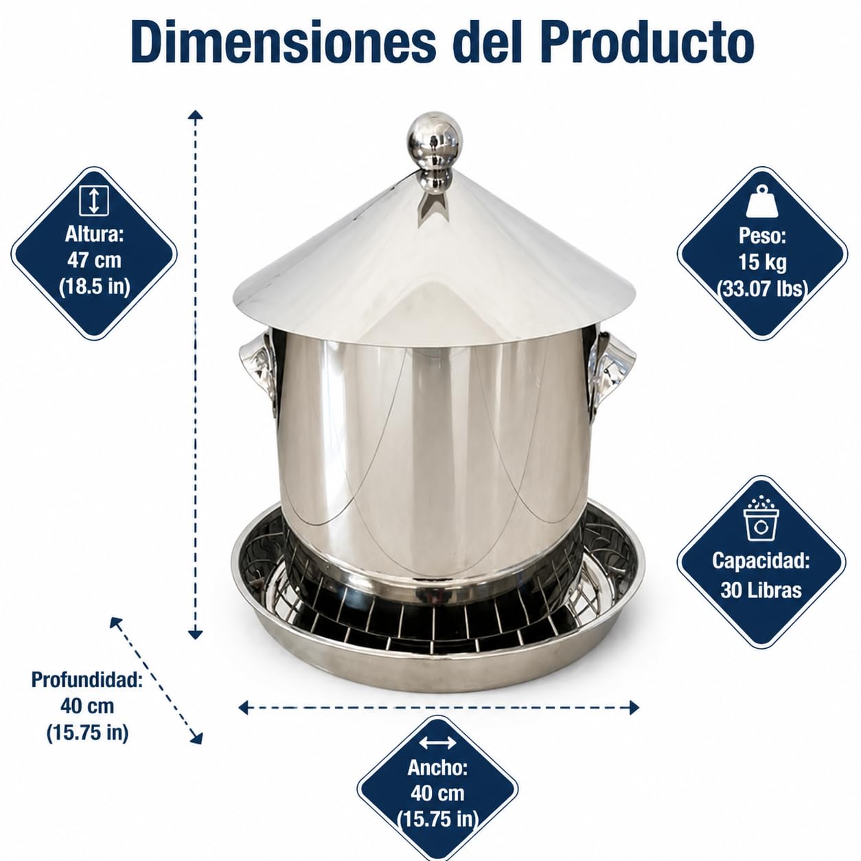 Comedero Automático para Gallinas, Antipájaros y, de Acero Inoxidable, para AV de Corral, 30 kilograms (15 kg)