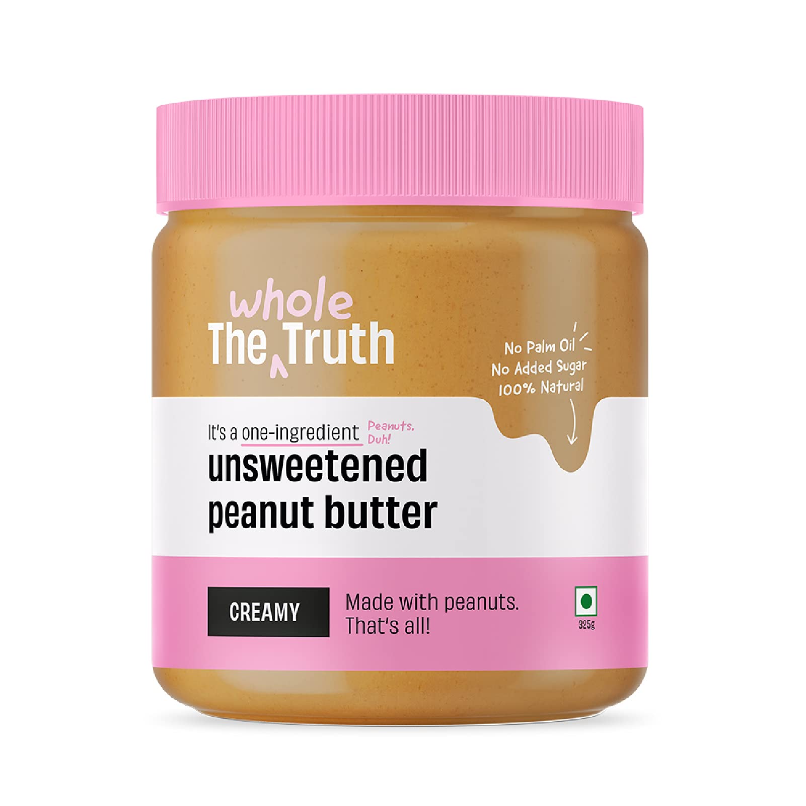 The Whole Truth - Unsweetened Peanut Butter | 325g | Creamy | No Added Sugar | No Artificial Sweeteners | No Gluten | No Preservatives | 100% Natural Protein Source