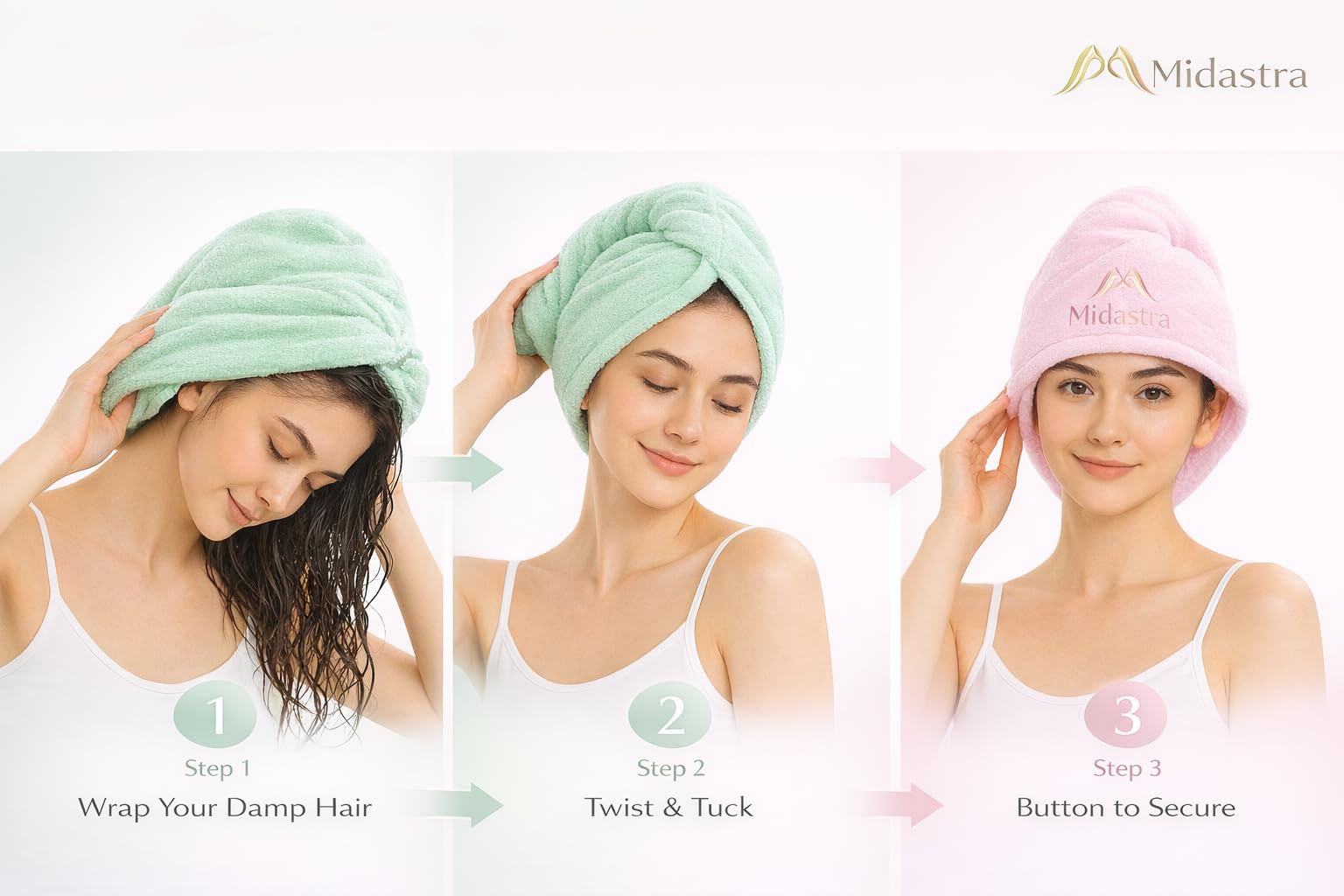 MIDASTRA FASHION Microfiber Hair Wrap Towel 500 GSM, 25 x 65 cm, Pack of 2 (Pink & Pista), Ultra Soft Super Absorbent Quick Dry Hair Turban for Women, Anti Frizz Lightweight Twist Wrap 2
