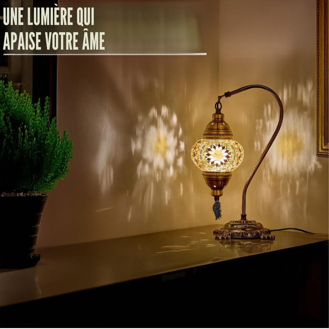 DEMMEX Lampe Turque Mosaïque – Lampe de Table Artisanale Faite à la Main en Turquie – Métal Style Laiton Antique et Verre Décoré – Éclairage d’Ambiance Oriental, Salon, Chambre, Bureau, A++