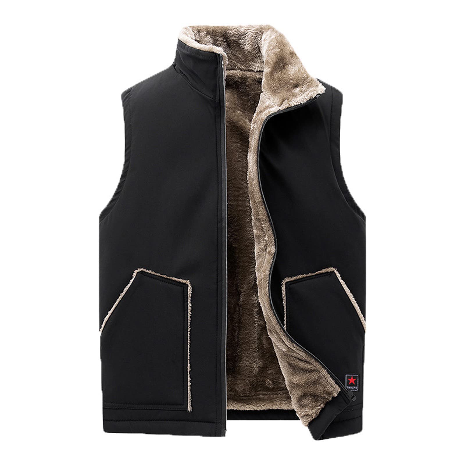 Men's Jacket Work Outerwear Men's Casual Fleece Vest Zipoer Pocket  Sleeveless Hood Stand Collar Solid Tops Jacket Fashion Trendy Jacket Top  Coat