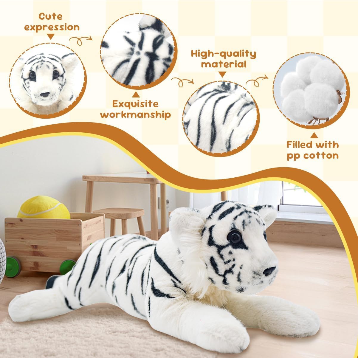 TRAVELKNOT Peluche Tigre Bianca Realistico Simulazione Animali Tigre Bianca Peluche Grande Morbido Abbracciare Giocattoli con Tigre per Adulti Bambini Natale Compleanno Regali 48cm ﻿