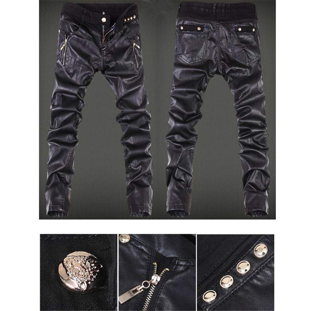 Herren Kunstleder Jeans Hosen Reißverschluss PU Freizeit Slim