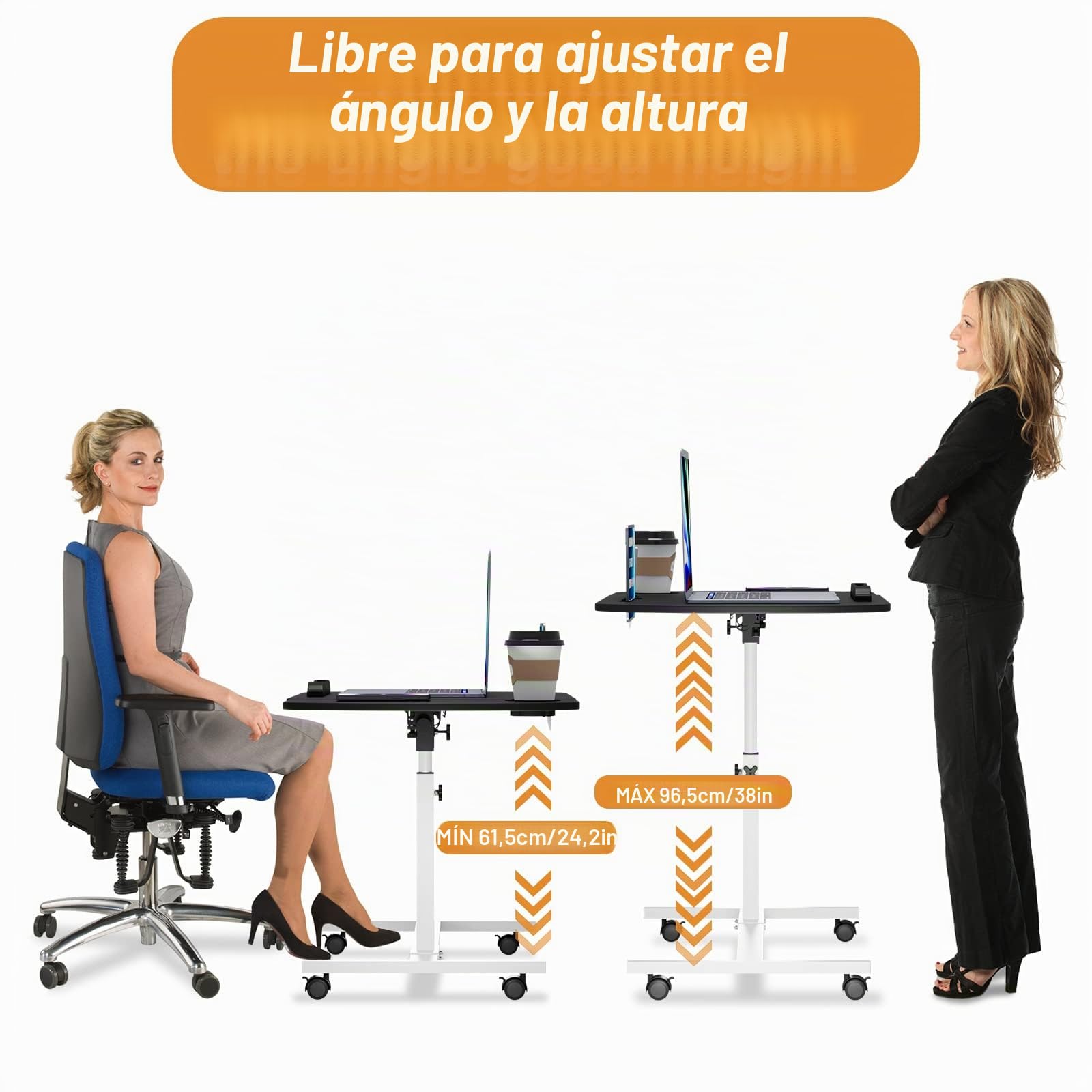 Escritorio Con Ruedas, 60x40cm Altura Ajustable, Flip 180° y Rotación 360°, Ranura Para Taza, Soporte de Lectura, Mesa Auxiliar Para Cama Sofá, Negro