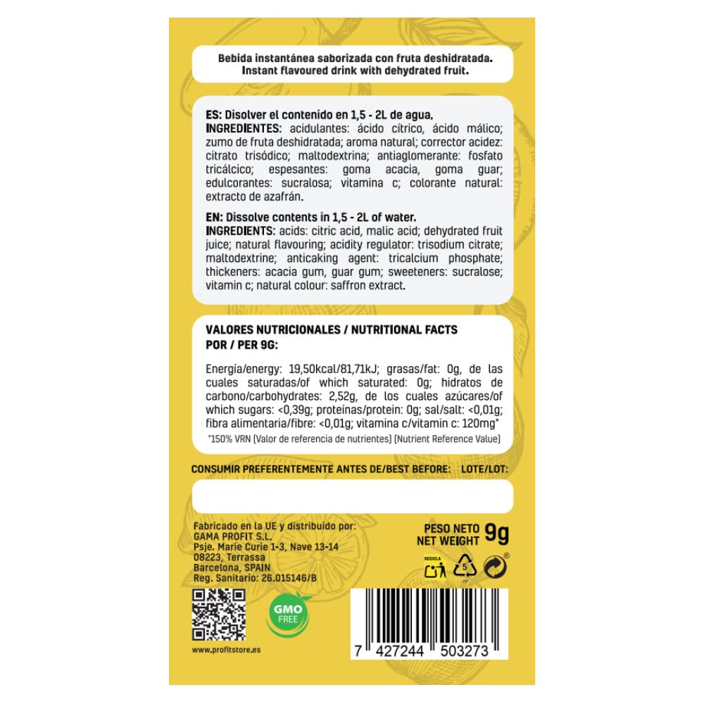 PROFIT - Easy Drink Limón - Bebida instantánea con saborizante natural sin azúcares sabor Limón - Ideal para hidratarte y disfrutar de un refresco bajo en calorías - 15 sobres de 9 gramos