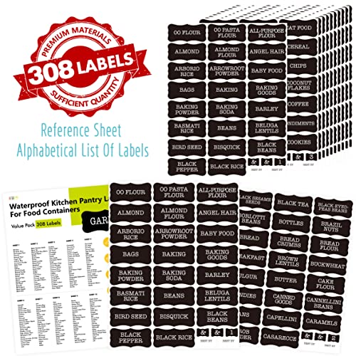 Hebayy 308 Pantry Food Labels, 280 Preprinted Flour Pasta Lentil Grain Condiment Oil Stickers, 28 Blank Ones, Waterproof Oil&Tear Resistant, No Residue for Kitchen Containers Jars(White on Black)