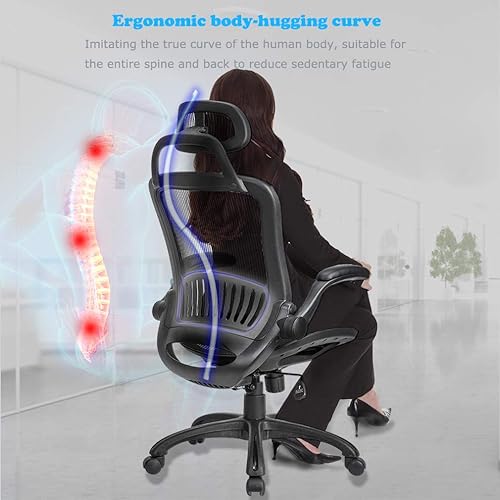 Miniatura 5 de Malla ajustable de respaldo alto con brazos abatibles y reposacabezas, soporte lumbar, taburete ajustable ejecutivo moderno, silla giratoria para