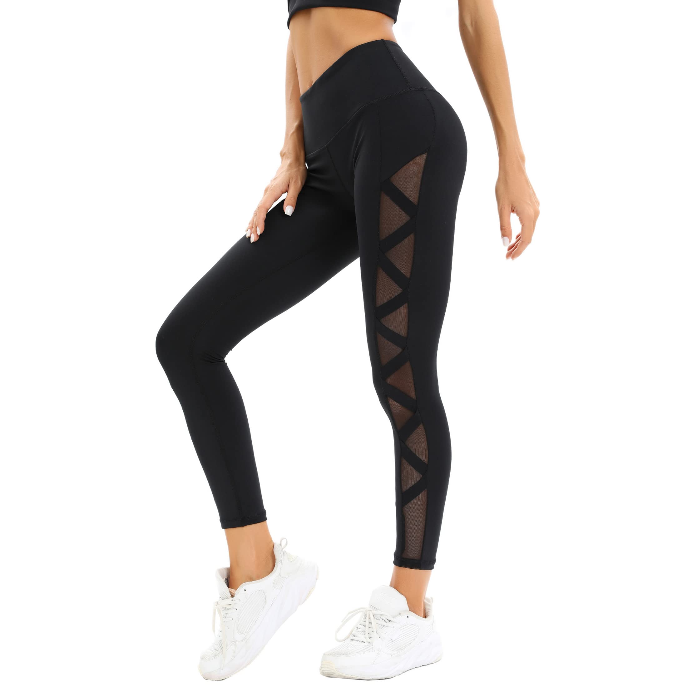 Leggings Sportivi Donna a Vita Alta Contenitivi Pantaloni Yoga con Inserti in Rete Laterali Pantaloni Fitness per Palestra Corsa e Allenamento