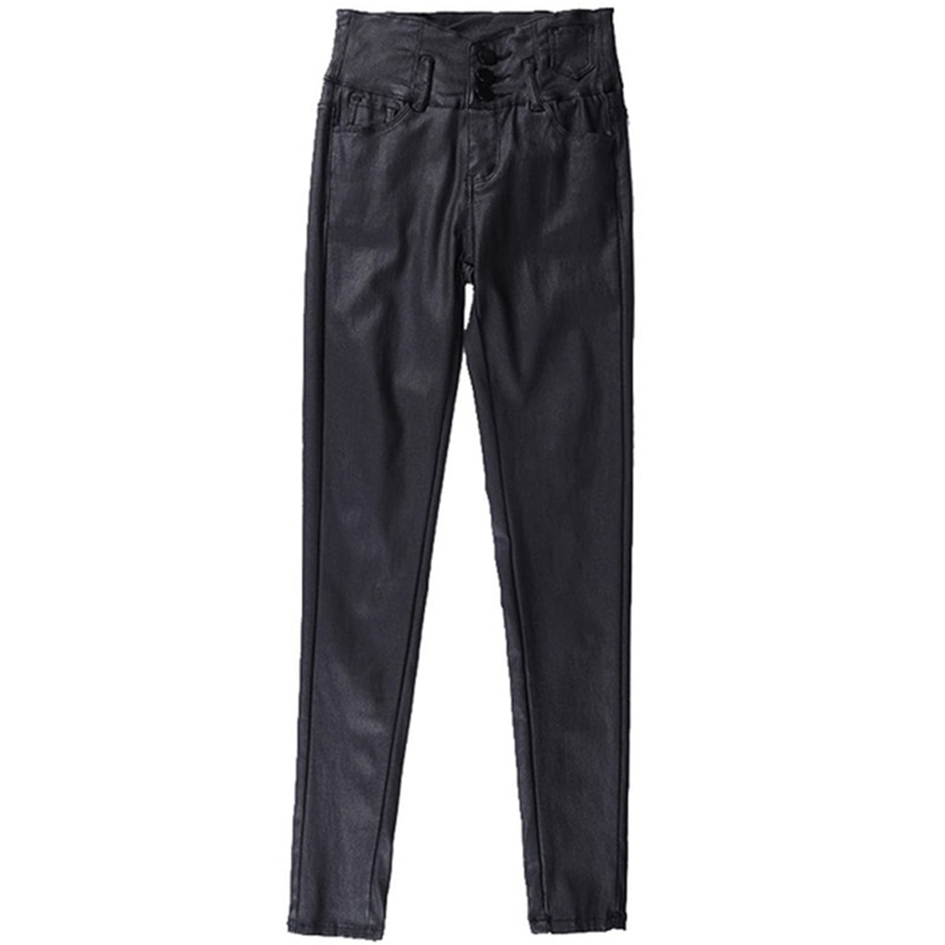 Damskie seksowne spodnie ze sztucznej skóry Push Up stylowe obcisłe legginsy Slim Fit guziki rozciągliwe obcisłe spodnie skórzane (czarne 3XL)
