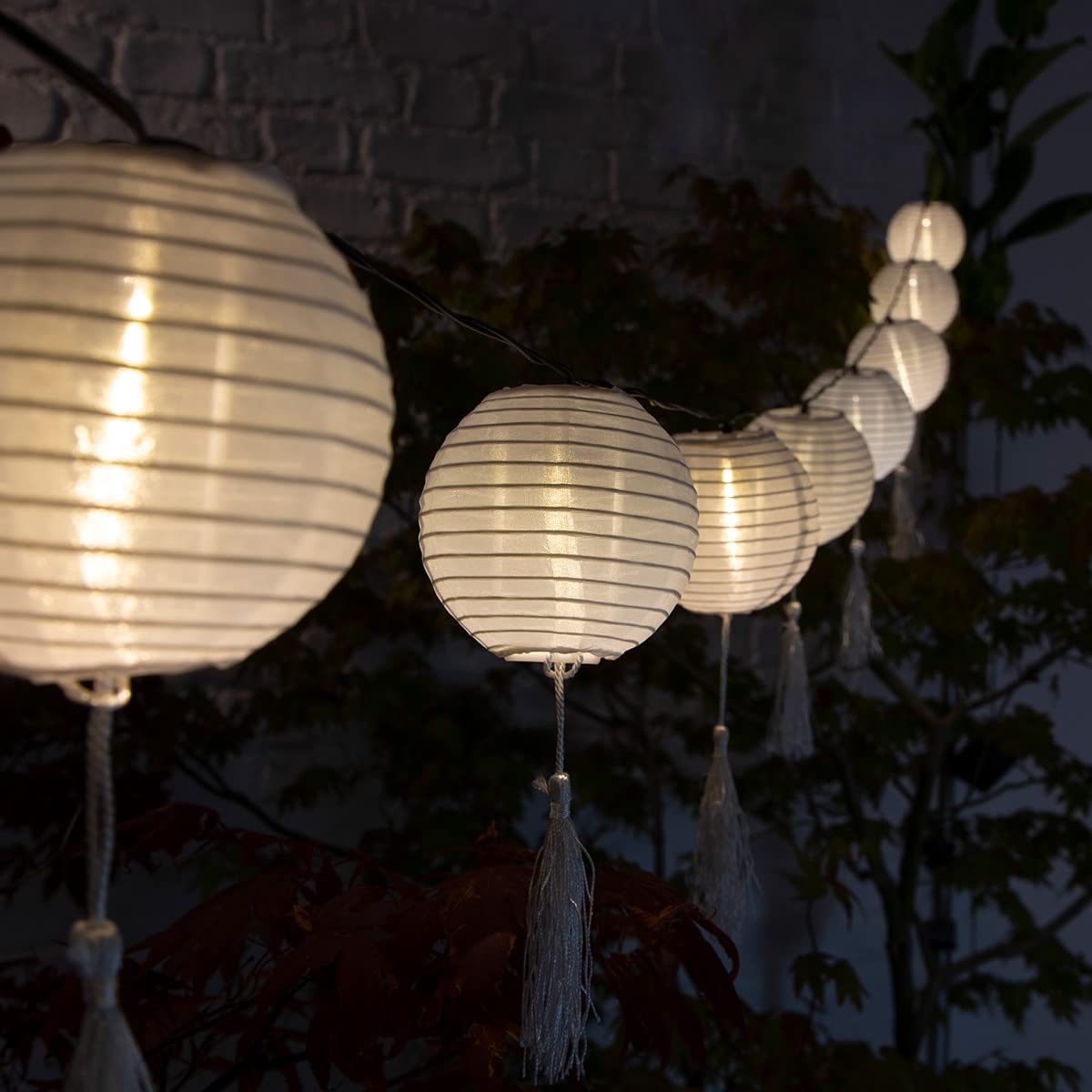 Festive Lights - 1.8m Solar White Chinese Lantern String Lights with 10 LEDs - Outdoor Garden Decoration, Nylon Material, IP44 Waterproof, Black Cable, External Panel - Summer Parties & Events