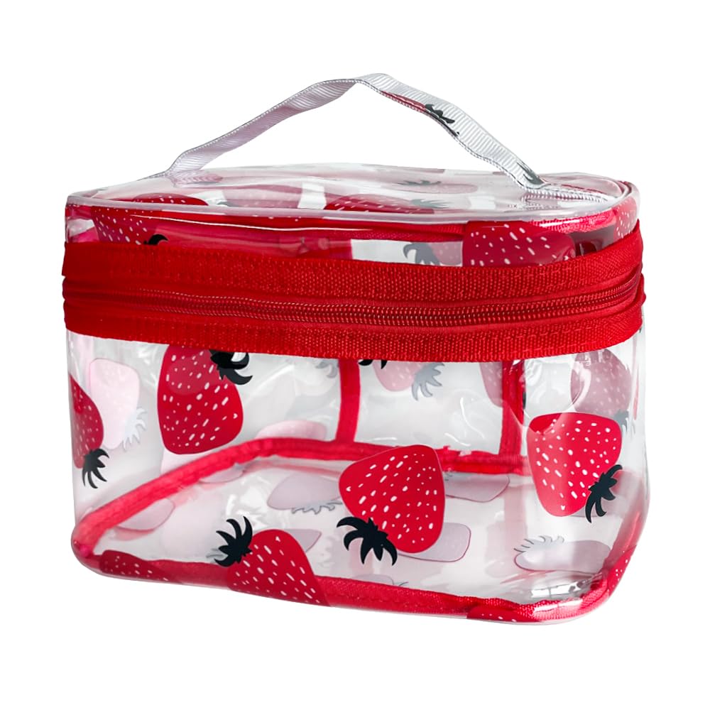 TotePrint wasserdichte Kosmetiktasche mit Blumenmuster, Wasserdicht, 22x14x14 cm, Transparente Kulturtasche mit Reißverschluss (Rot + Erdbeeren-3)