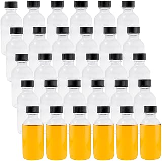 KisSealed 30 Pack 2 oz Clear Glass Bottles with Poly Cone Cap,60ml Small Boston Round Sample Bottles for Potion, Juice, Ginger Shots, Oils, Whiskey, Liquids - Mini Travel Bottles,NO Leakage
