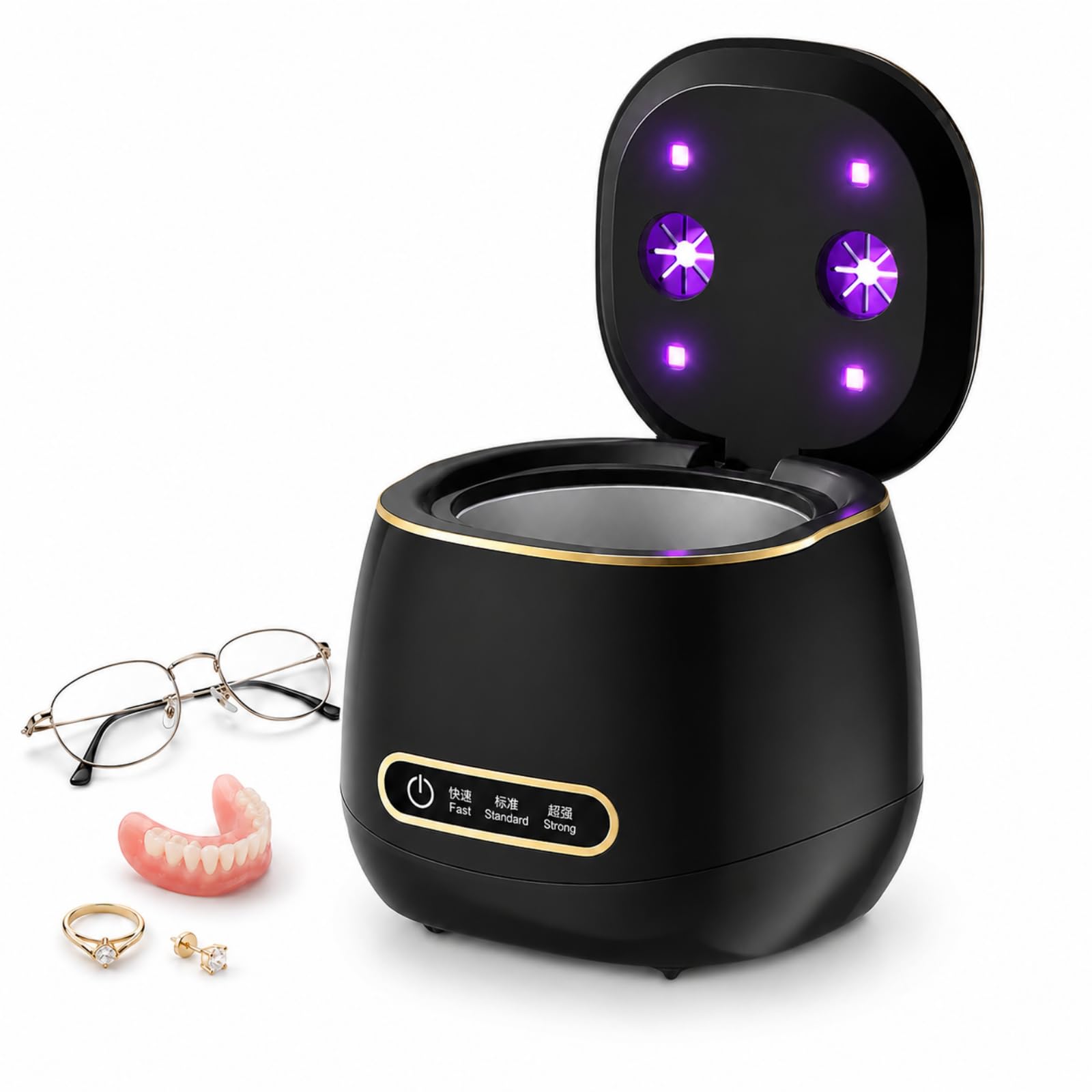 Cleon - Pulitore ad Ultrasuoni 45000Hz con 3 Modalità - Pulitore Ultrasuoni Apparecchio Denti Compatto, Vaschetta in Acciaio Inox, per Retainer, Gioielli e Accessori Quotidiani (Nero)