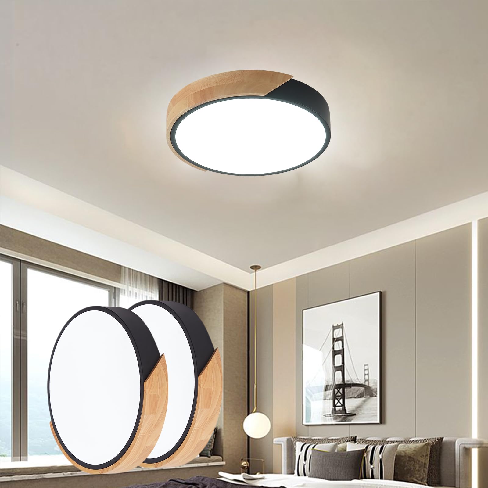 Plafón Led Ronda 24W, Luz Blanca Fría 6000K, Paquete de 2 Lámparas Techo Negro para Salón, Cocina, Comedor, Dormitorio