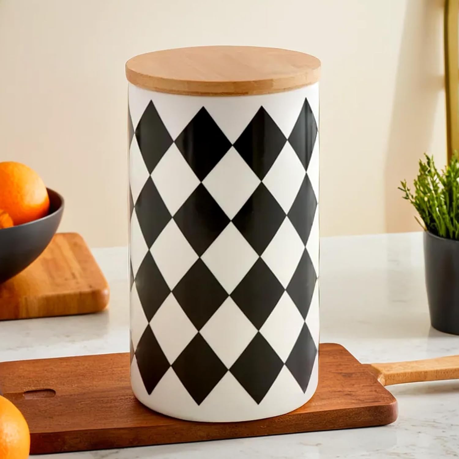 Kuber Industries Ceramic Jar with Bamboo Lid - 1000ml | Air Tight Containers for Kitchen Storage | Multipurpose-Tea,Coffee,Snacks,Sugar,Salt,Dry Fruit,Pulses | Gift Items
