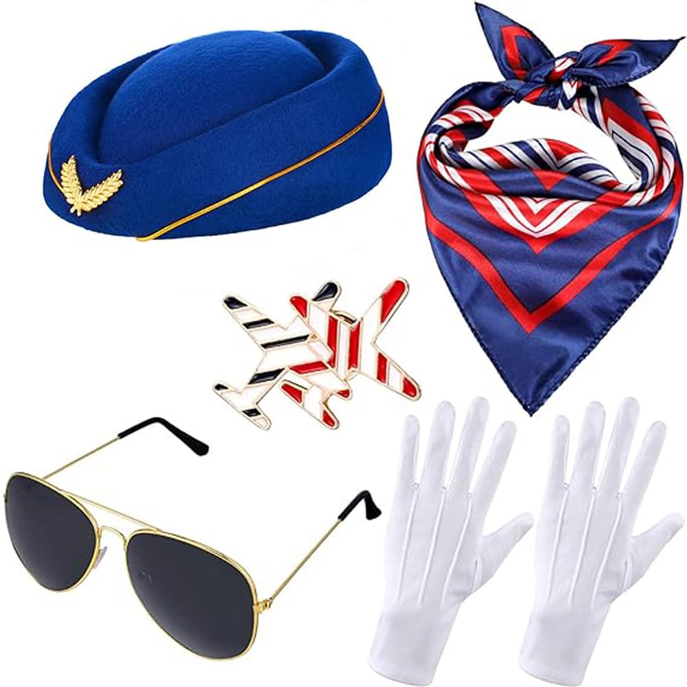 5PCS Blue Airline Stewardess Costume Accessories Set Cosplay Outfit Flight Hat Sunglasses Scarf Gloves Brooches for Party Cosplaying