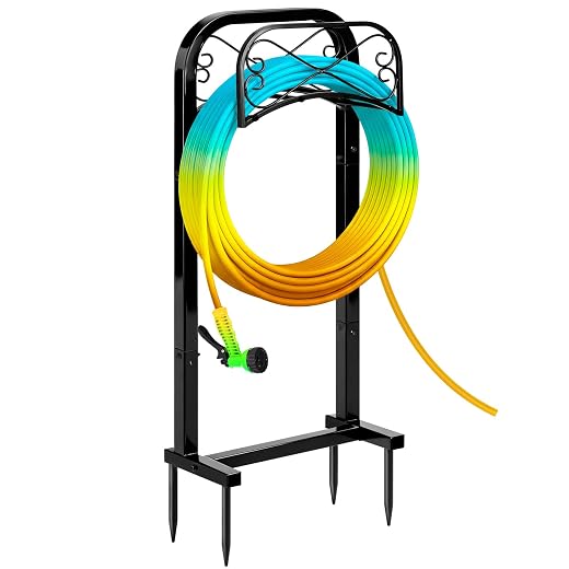 Gtongoko Garden Hose Holder for Outside 43" Heavy Duty Freestanding Water Hose Holder with 4 Stable Spikes Metal Hose Stand Holds Up to 150FT Hose & 44LB Detachable Hose Storage for Yard Lawn Patio