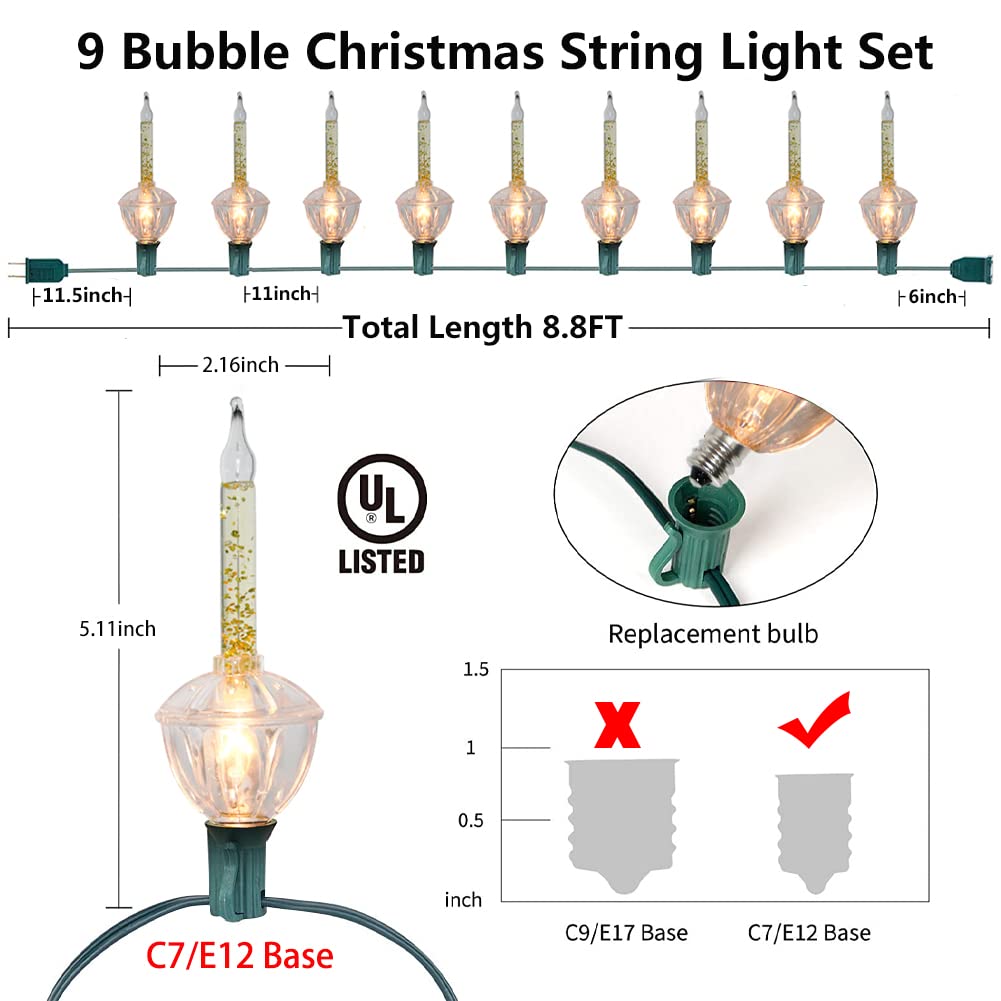 Christmas Gold Bubble Lights, 8.8Ft Vintage Bubble String Light 10 Gold Glitter Clear Bubble Lights(1 Spare), C7/E12 Base, Outdoor for Holiday Party Christmas Tree Decorations