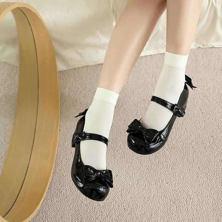 Women's Glossy Bows Square Toe Block Heel Mary Janes Pumps3