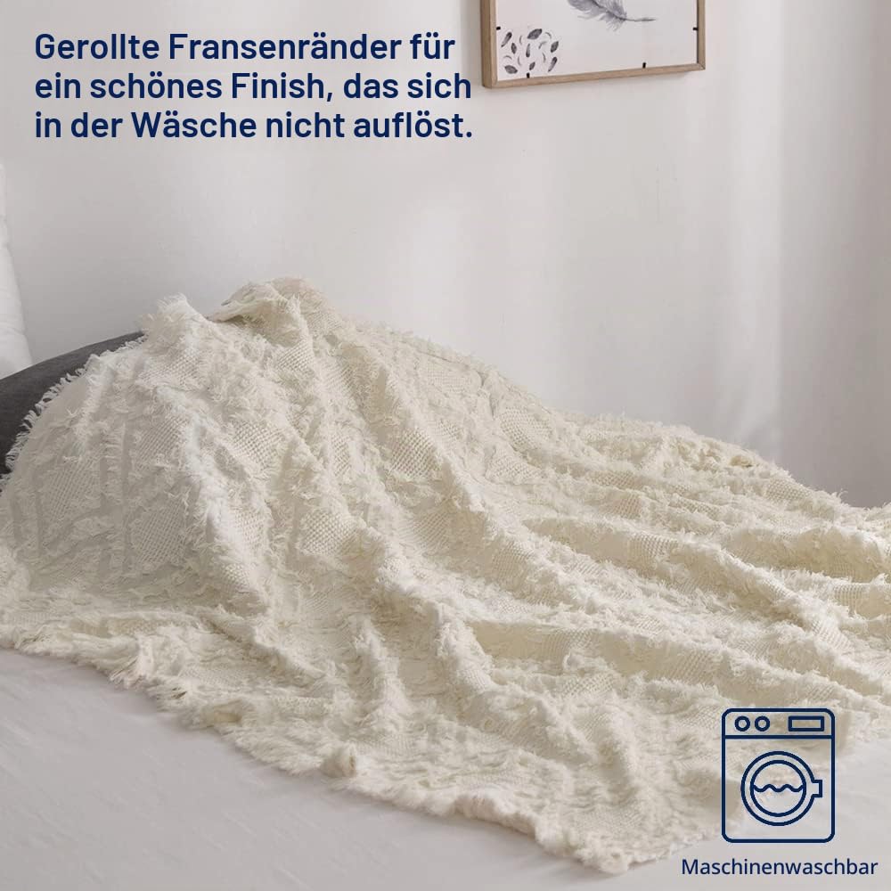 Simple&Opulence Überwurfdecke aus 100% Baumwolle für Bett, Couch, Boho-strukturiert, geometrisch, gestrickt, gewebte Decke mit Quasten, weich, leicht, atmungsaktiv, Shabby-Chic-Stil,