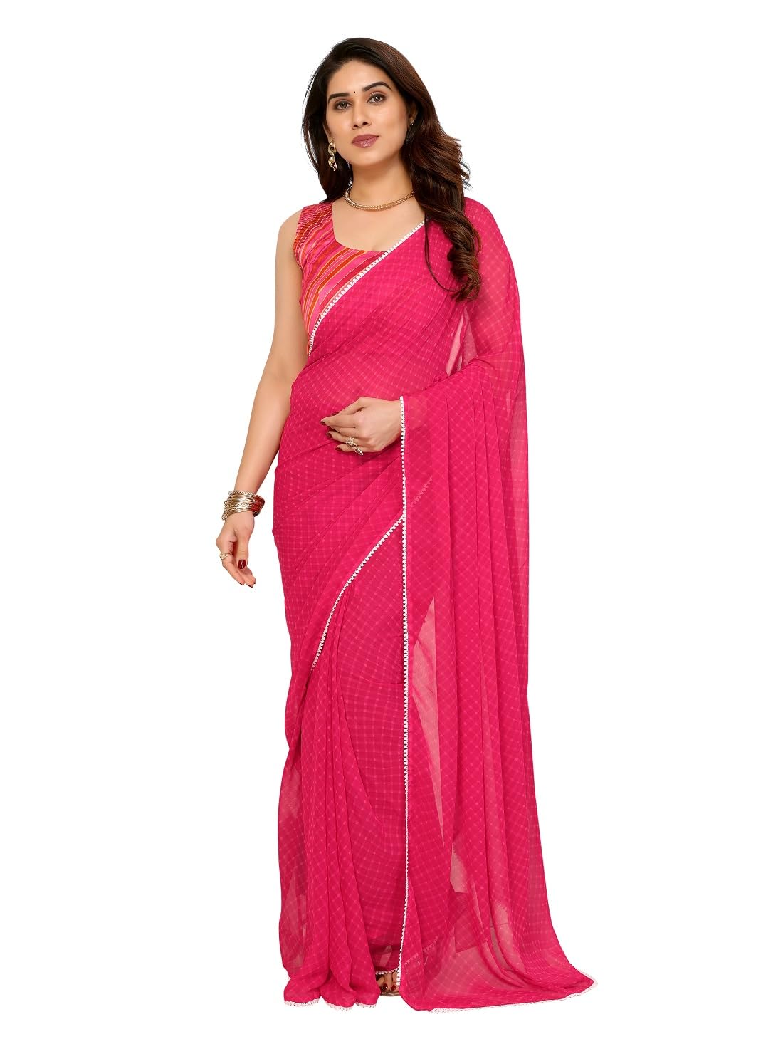 RAJESHWAR FASHION WITH RF Readymade Pleated Pre Drape Stitched Floral Printed Georgette Saree For Women’s With Lace Border & Blouse(Ready To Wear One Minute)