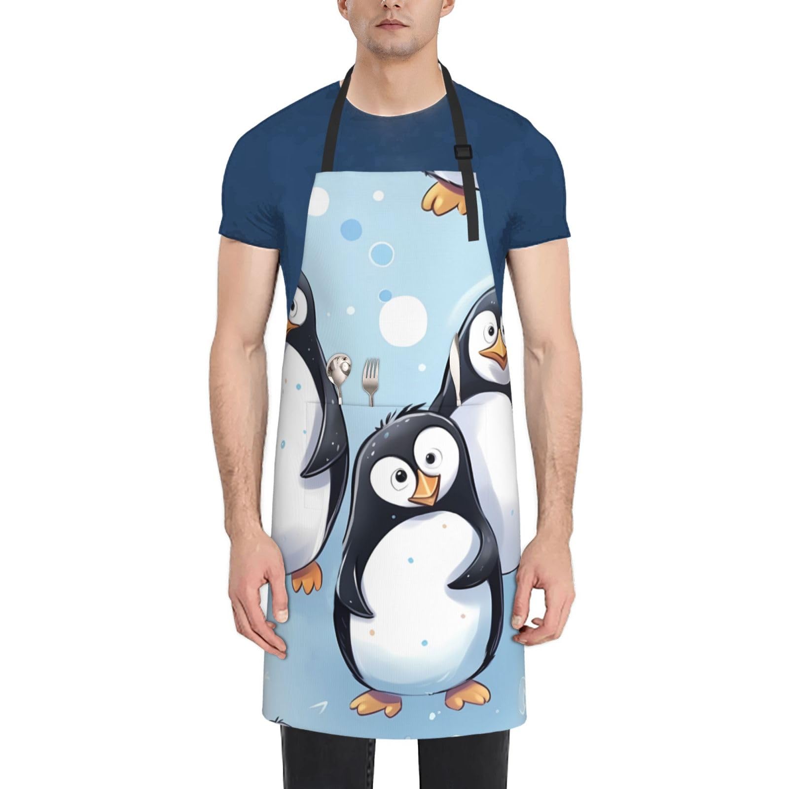 peiyeety Cute Penguins Apron for Adults, Waterproof Cooking with 2 Pockets, Adjustable Bib for Dishwashing, Long Kitchen for Women Men Work Dog Grooming