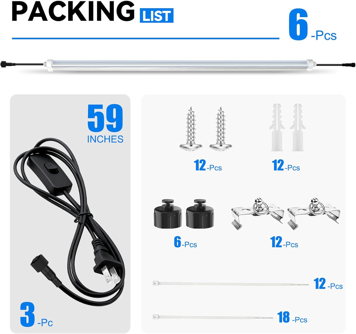 JESLED Waterproof Grow Lights for Indoor Plants, 2FT Sunlight Full Spectrum 5000K LED for Seed Starting, Seedling & Vegetables, 144W(6 X 24W,900W Equiv), Linkable Grow Light Strip with Switch, 6P