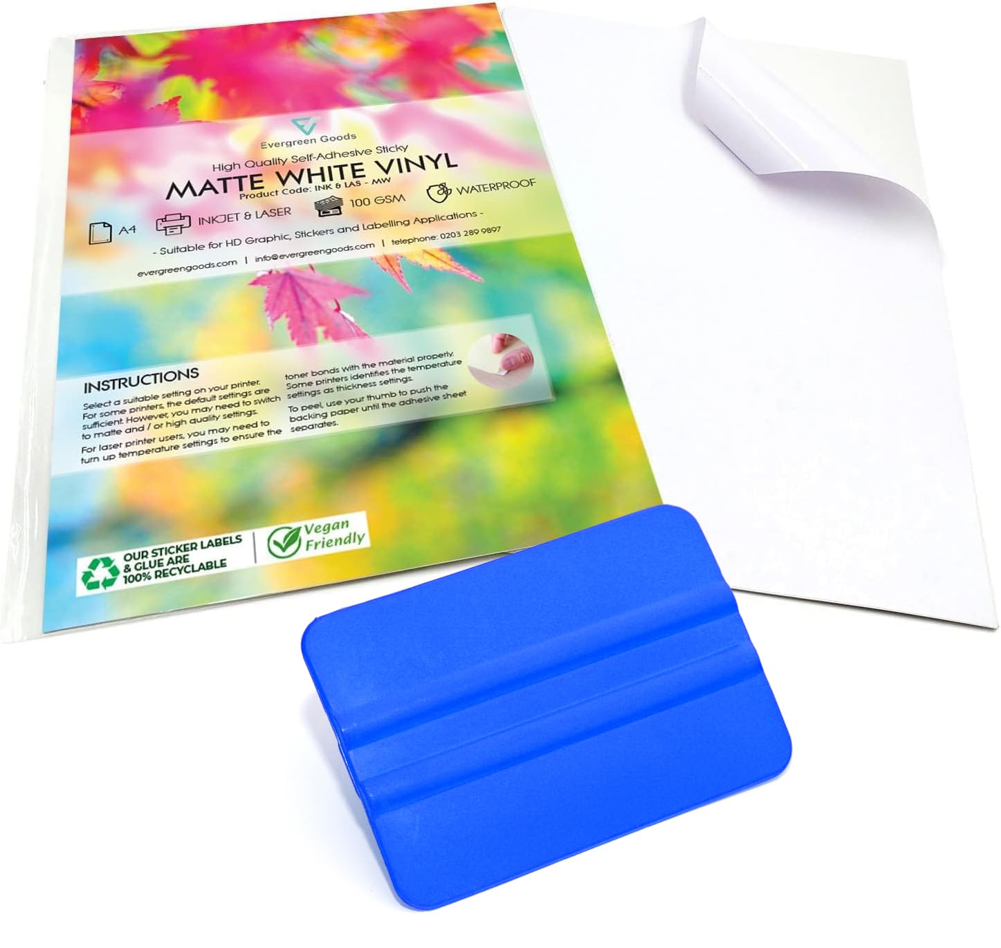 Evg White Evergreen Goods 200 Sheets A4 Waterproof Vinyl Sticker Paper With Vinyl Wrap Squeegee | Self-Adhesive Matte Pvc Sticker Sheets, 200 Gsm, Inkjet & Laser Printable | Perfect For Custom Labels