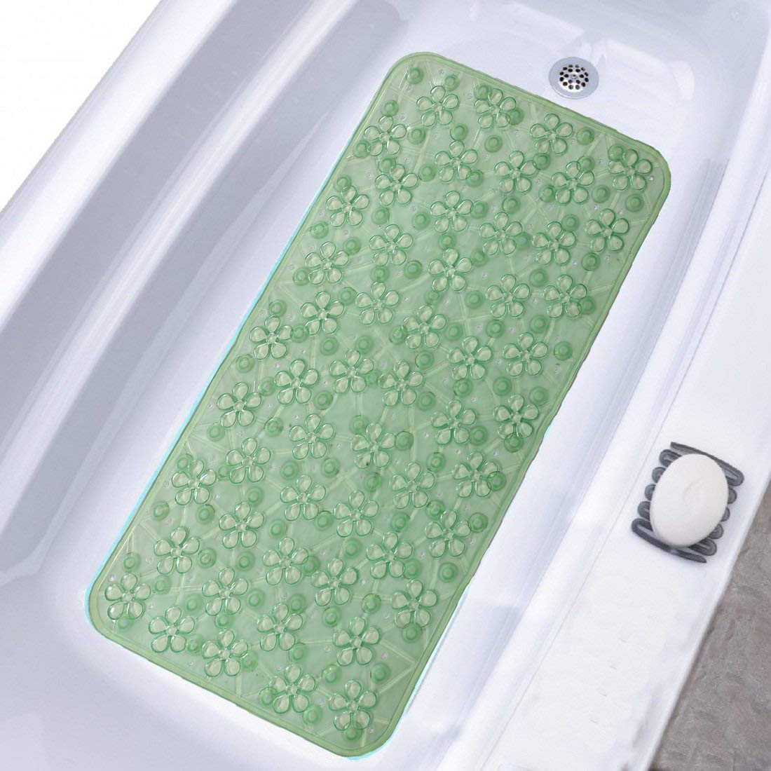 Kuber Industries Flower Design Pvc Bathroom Mat With SuCTion Cups - 28"X15", Green