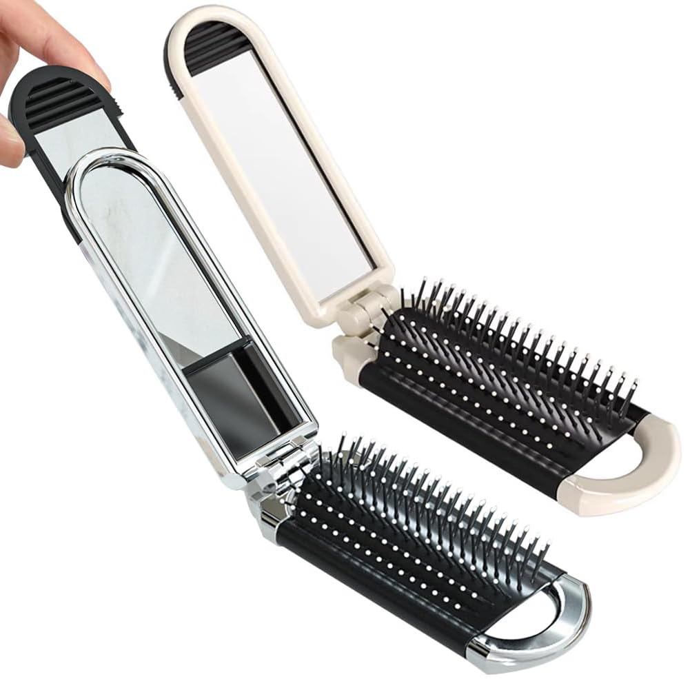 2 Pack Folding Mini Brush With Mirror, Portable Travel Brush, Air Cushion Comb, Pocket Styling Brush, Massage Brush for Women Men - Detangle, Smooth, and Style Any Hair Type