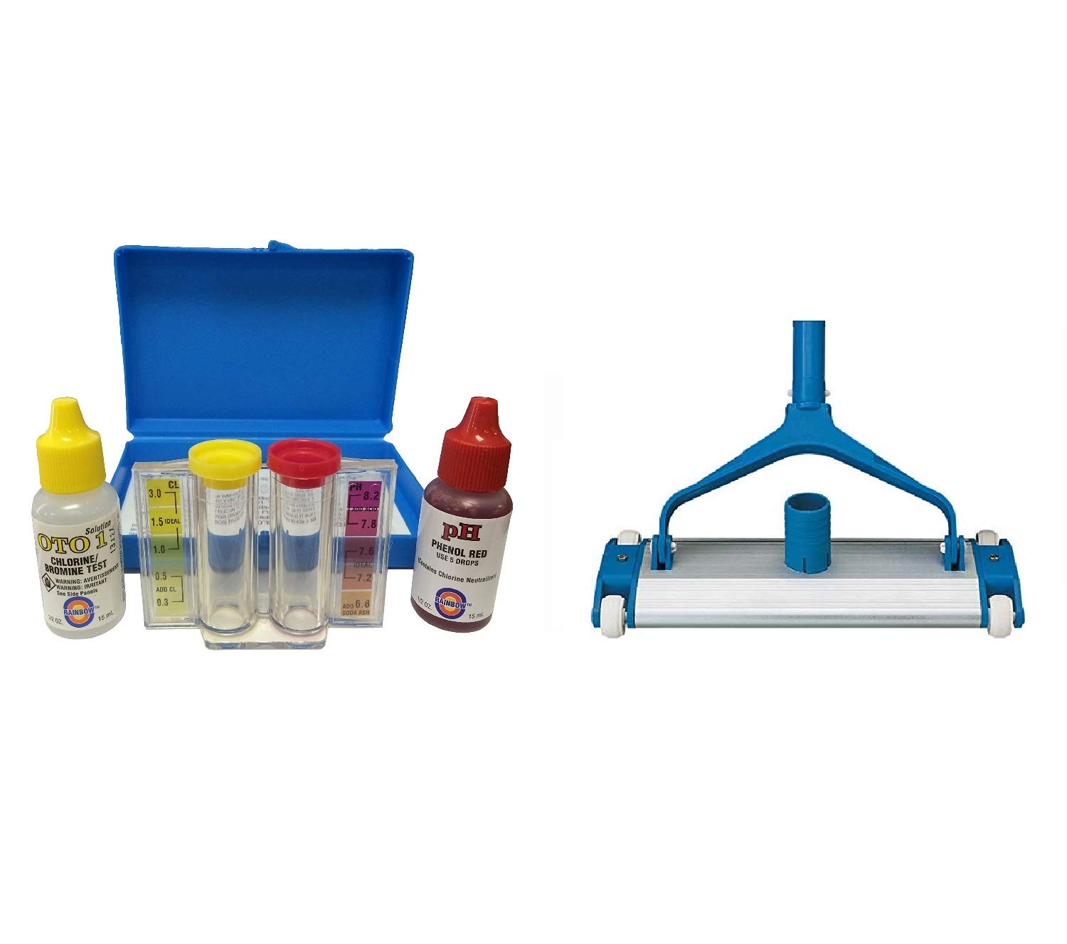 watertech systems swimming pool test kit with vacuum head cleaner 13.5 aluminium weighted on wheels (blue)