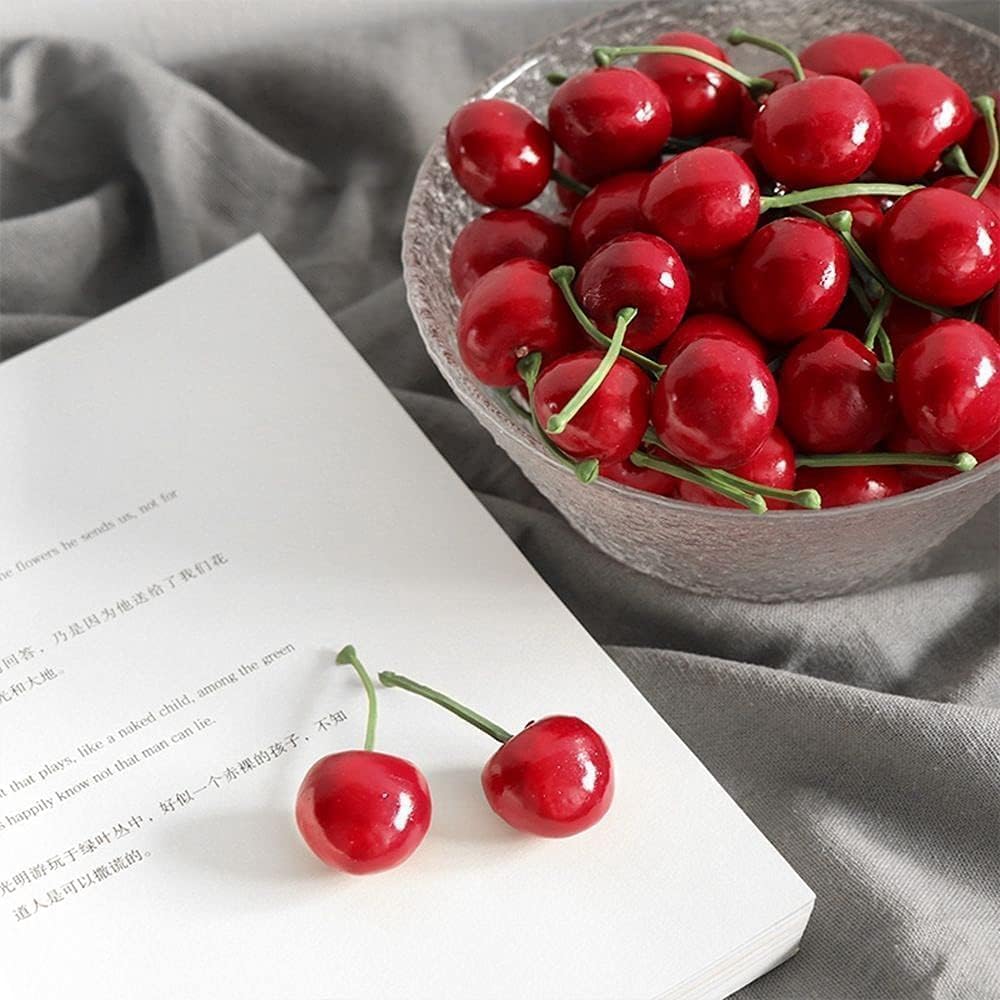 Bwexxt 20Pcs Fake Cherry Model Artificial Cherries, Lifelike Fruit Cherry Ornament, Home Kitchen Party Decoration Desk Ornament Photography Prop, Plastic Cherries, Artificial Fruit