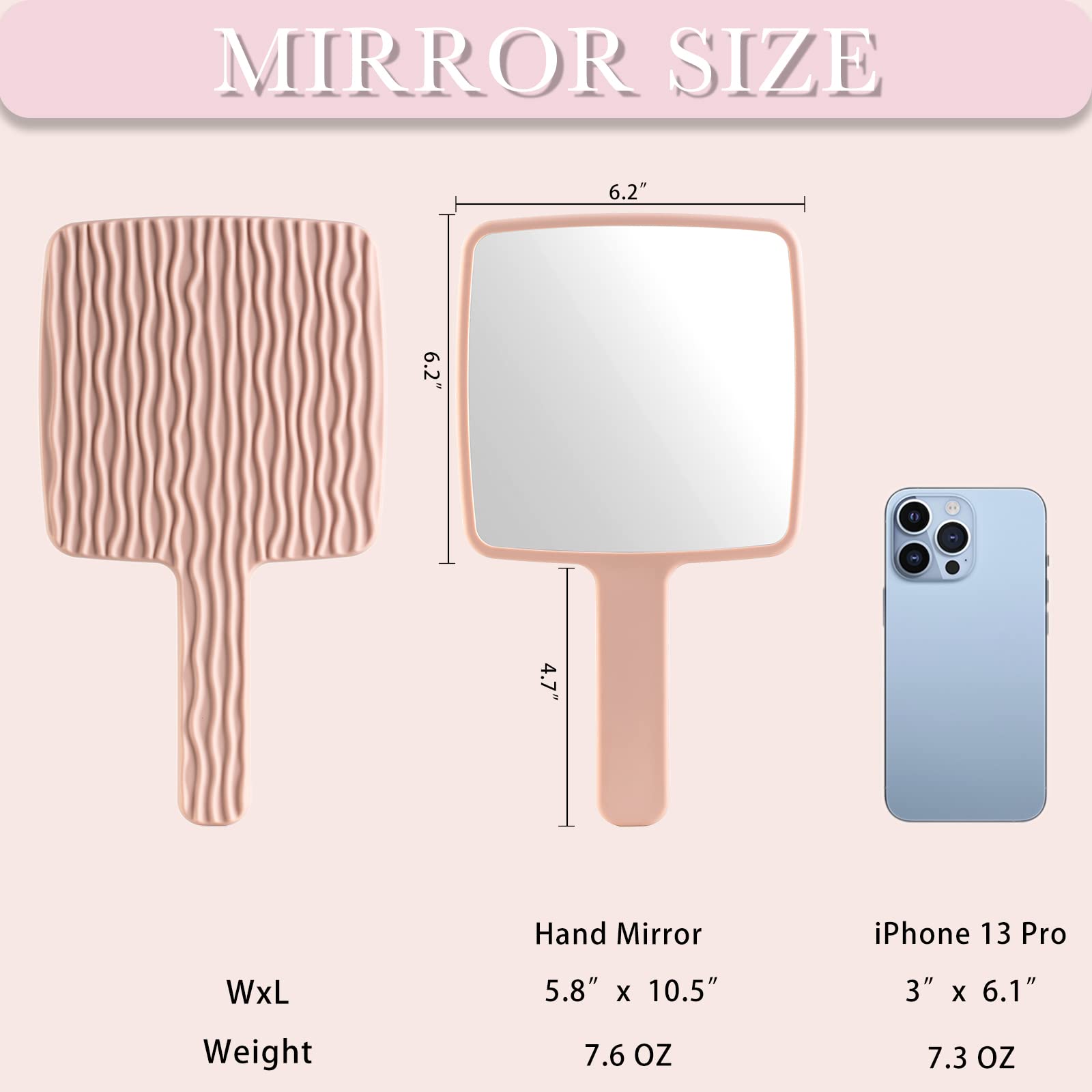 Handspiegel, Handspiegel mit Griff für Make-up, tragbarer niedlicher Handspiegel für Rasieren, Reisen, Männer und Frauen (Rosa)