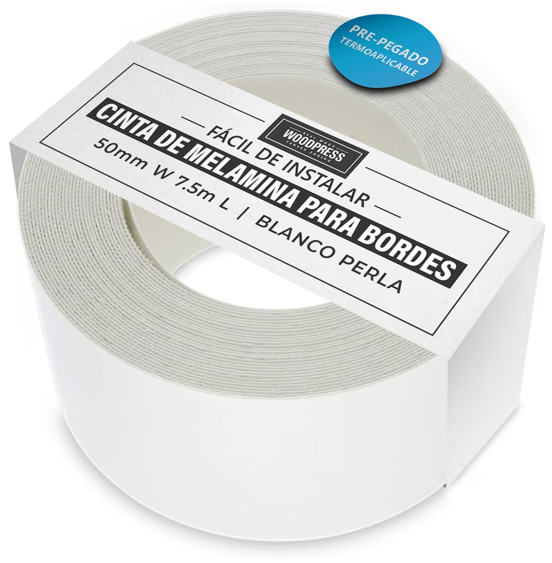 Cinta de melamina blanca perlada de 50 mm, cinta de chapa prepegada, rollo de 7,5 m, planchar para una fácil aplicación de bricolaje, cubrirá el borde de un panel de MDF estándar