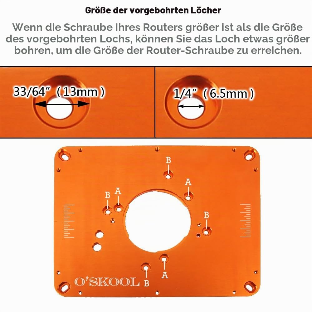 O'SKOOL Präzisions-Aluminium-Frästisch-Einsatzplatte, Fräser-Schablonen mit vorgebohrter Anpassung an mehrere Oberfräsen verschiedener Modelle