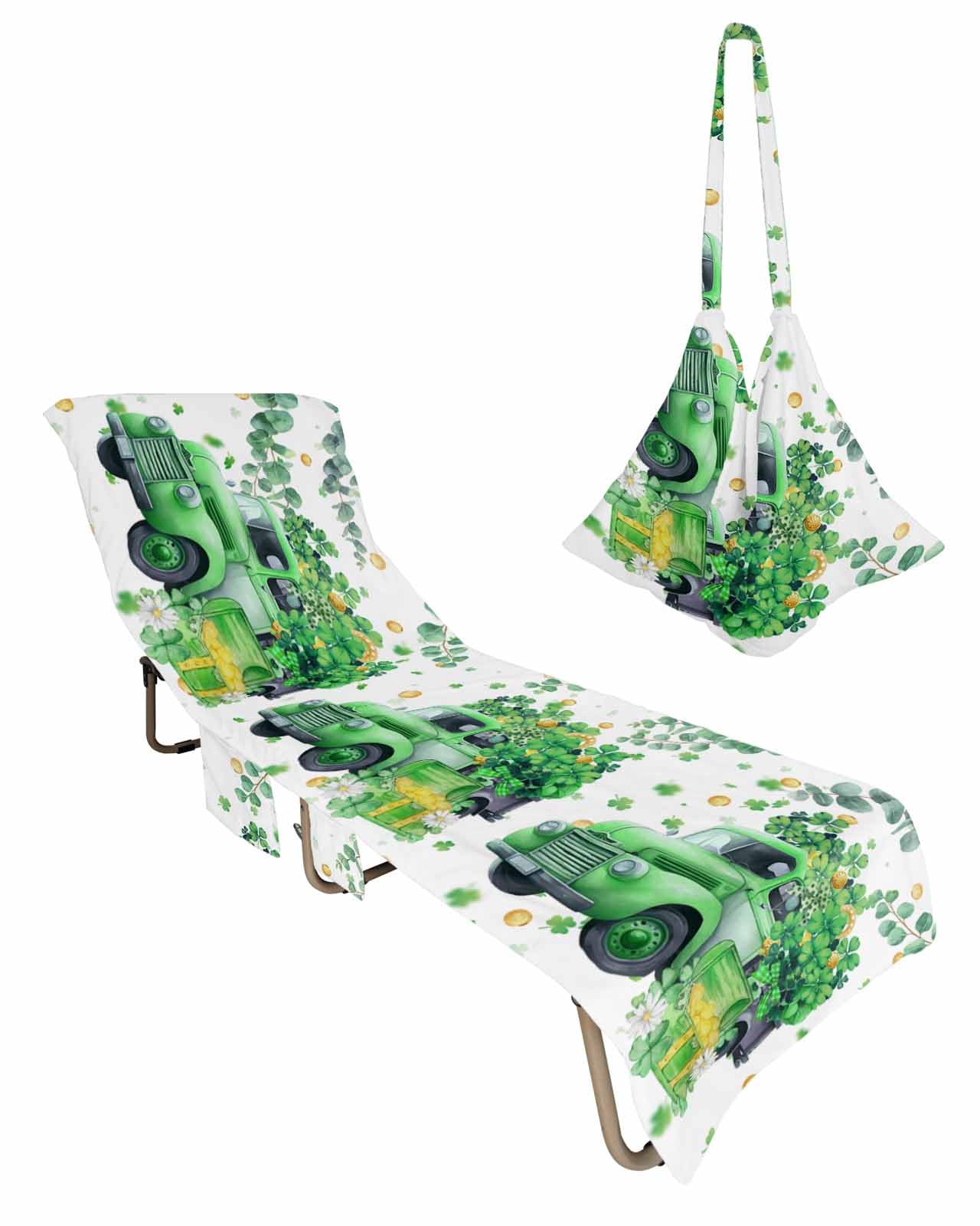 Green Truck St. Patrick's Day Beach Lounge Chair Towel Cover, Soft Chaise Lounge Towel with Side Pockets Patio Pool Chairs Cover for Beach/Pool Sunbathing 29x85 Lucky CLover Eucalyptus Leaves