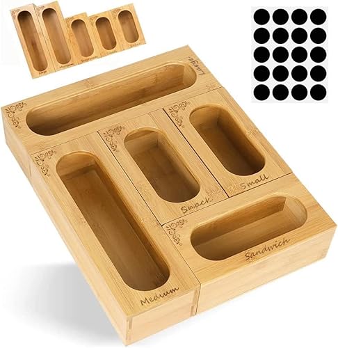 9SHOME Food Storage Bag Organiser, 5Pack Bamboo Plastic Zip Lock Bags Organiser Dispenser Holder for Kitchen Drawer Pantry, Compatible with Gallon, Quart, Sandwich, Snack, Candy Variety Size Bag