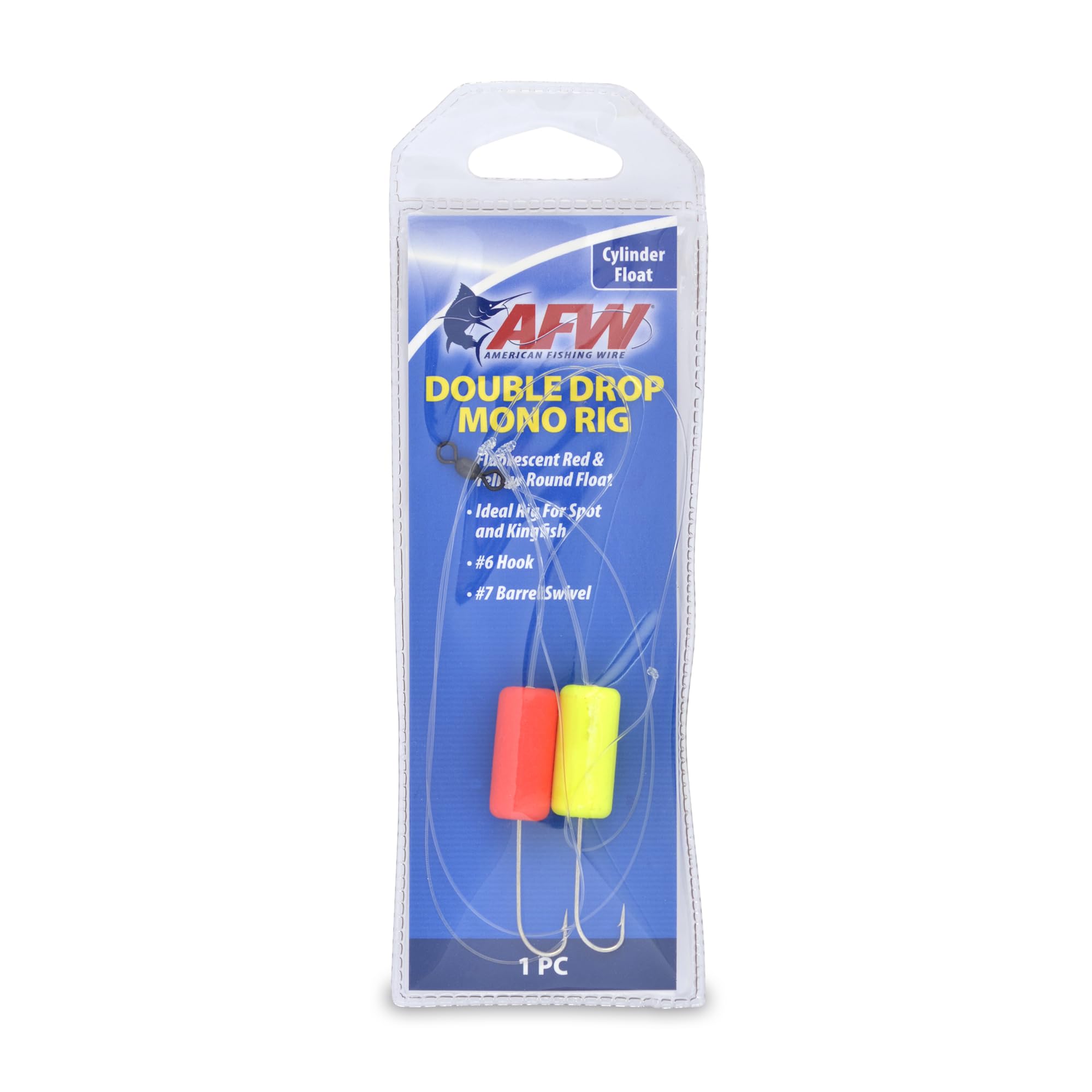 AFW Double Drop Mono Rig - 45 lb Clear Mono Line with Fluorescent Red & Yellow Floats, #6 Plated Hooks & #7 Barrel Swivel - Surf Fishing Rig for Spot, Kingfish & Bottom Species