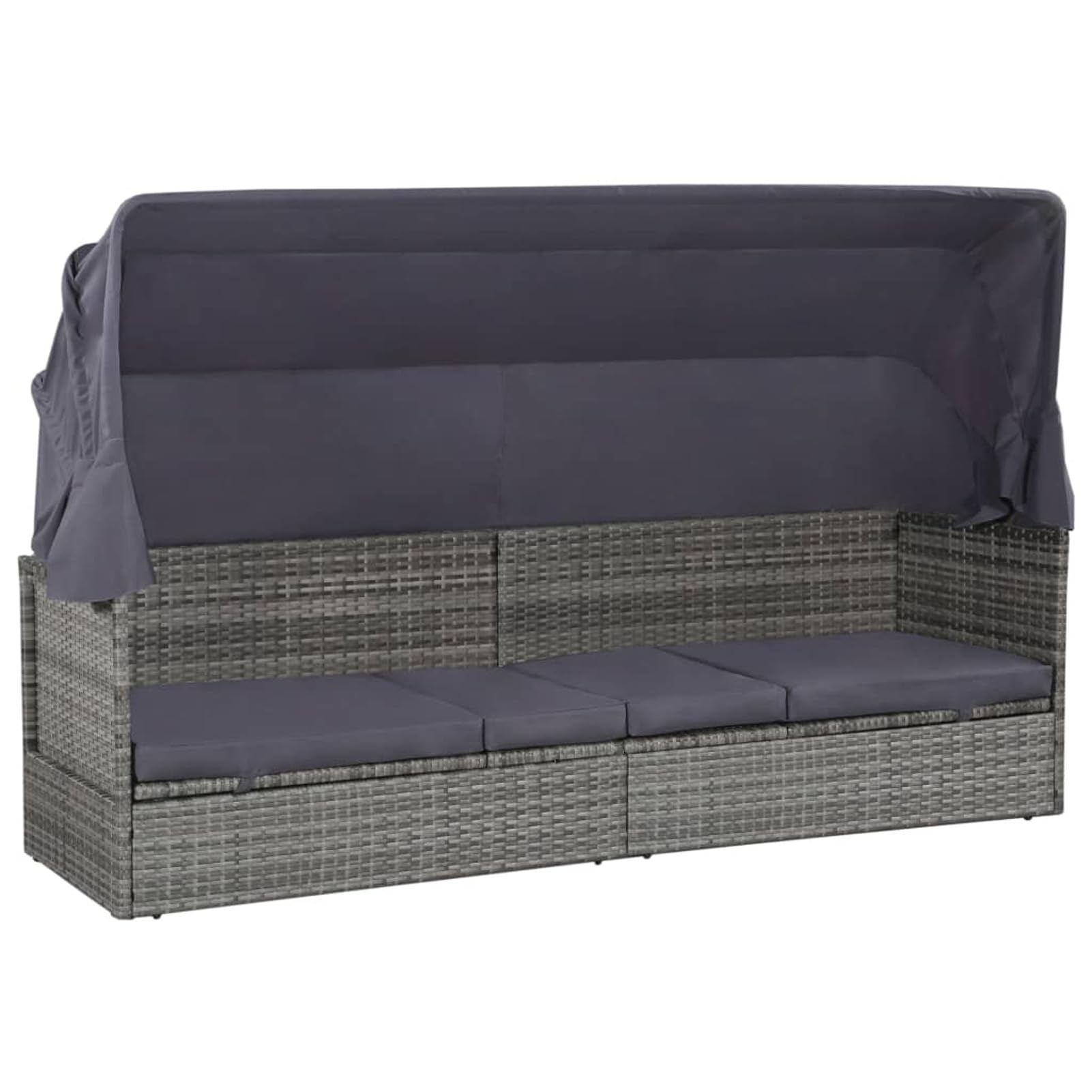 Homgoday Letto da giardino con baldacchino grigio 205 x 62 cm in resina intrecciata, lettino da giardino con schienale regolabile, letto da campeggio per spiaggia, esterno, balcone, terrazza