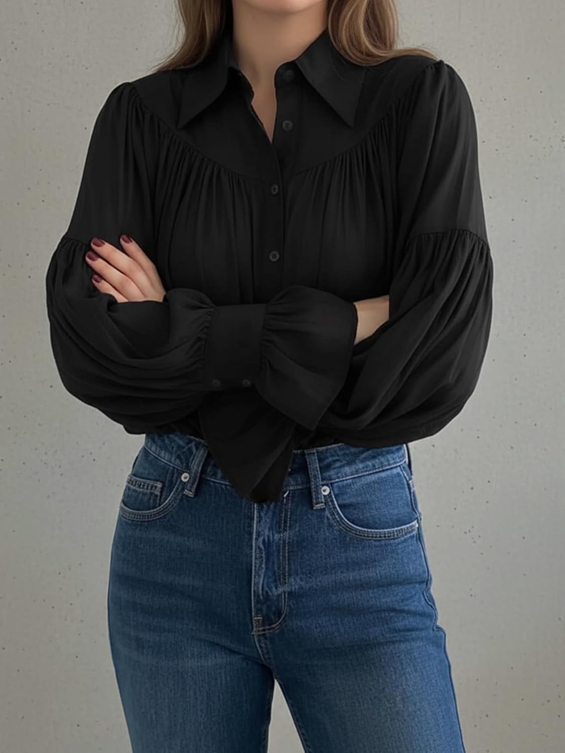 LUSMAY Women's Elegant Button Down Blouse with Ruffle Bell Sleeves, Casual Long Sleeve Shirt for Office & Daily Wear - Image 6