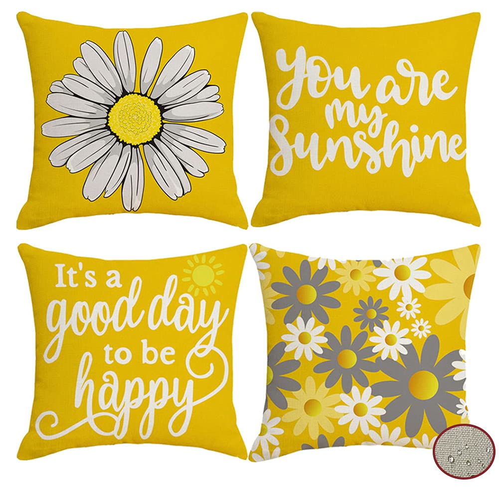 4 Pack Decorative Double-sided Yellow Daisy Cushion Covers Waterproof Vintage Flower Saying Pillow Cover Linen Outdoor Cushions Square Pillowcase for Garden Patio Bench Couch Sofa Wedding Decor