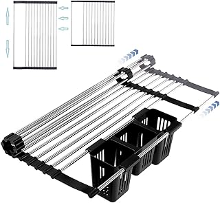 Zwijany stojak do suszenia naczyń wielofunkcyjny składany kuchenny stojak do suszenia naczyń, stal nierdzewna samo-zwijany zlew suszarka kuchnia silikon warzywa mięso organizer taca ociekacz (C)
