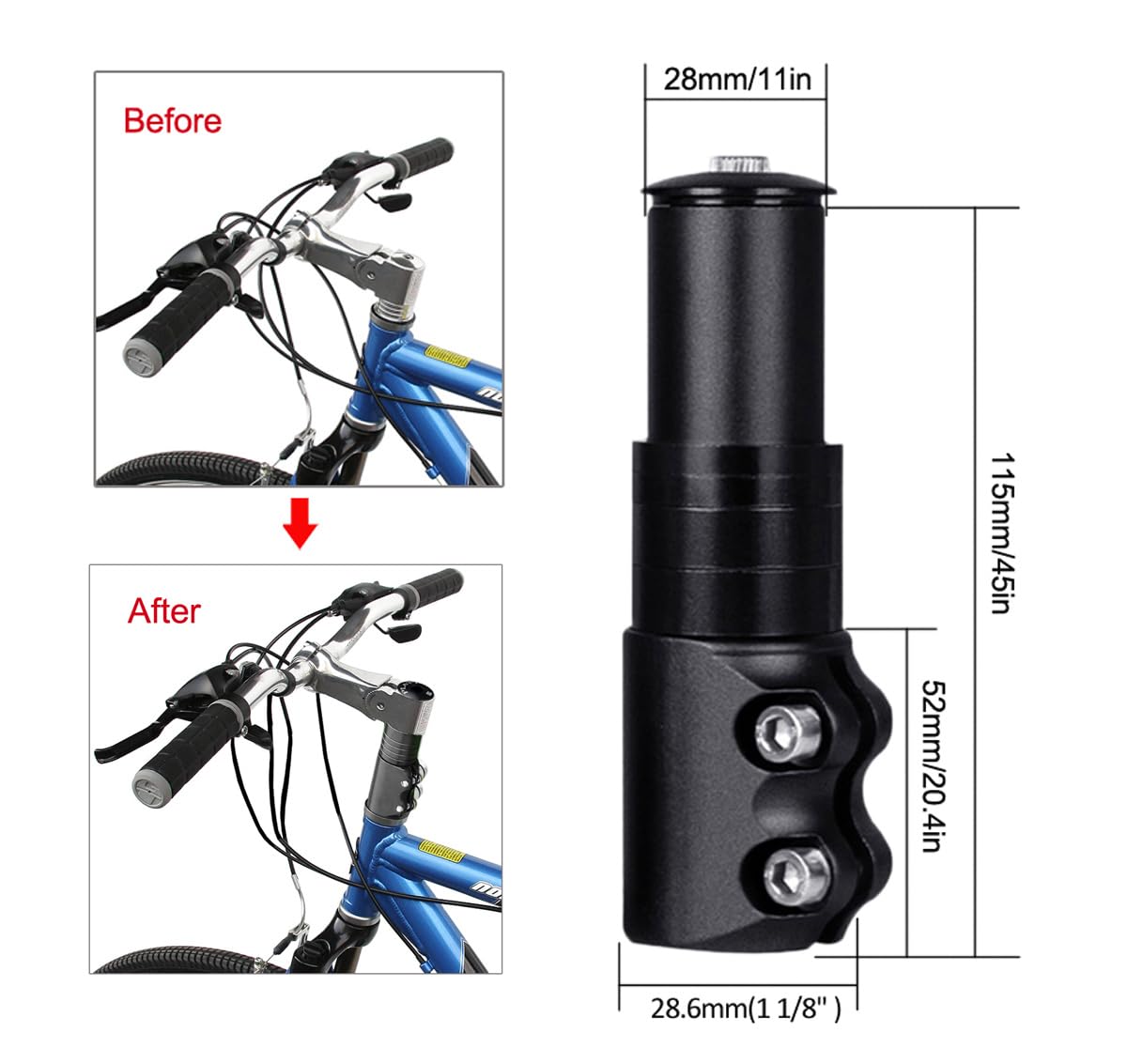 PLATT Podwyższenie kierownicy roweru MTB, ze stopu aluminium, adapter podwyższający wysokość kierownicy Ahead 1 1/8", kolor czarny