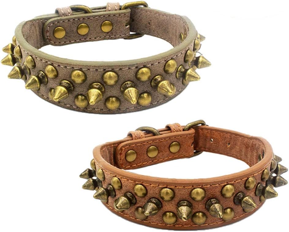 2 Pieces Retro Bronze Studded Dog Collar Puppy Collar with Rivets for Small Dogs Medium Dogs